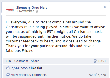 Shoppers Drug Mart Facebook holiday music announcement